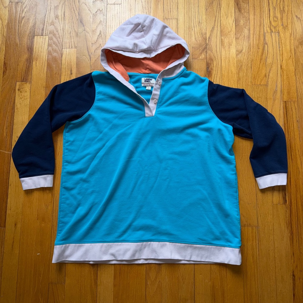 Lands End Serious Sweats Colorblock Hoodie Women 2X Turquoise Navy Blue Henley *